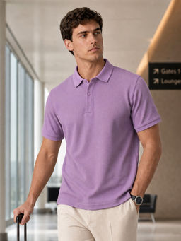 Nobero - Men Lavender Cotton Solid Polo T-Shirt
