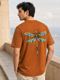Nobero - Men Orange Oversized Graphic Printed T-shirt