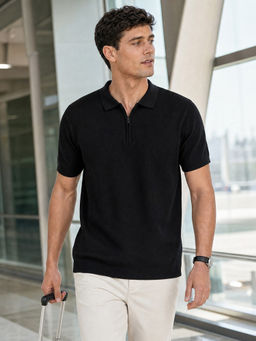 Nobero - Men Black Pure Cotton Cascade Zip Textured Polo T- Shirt