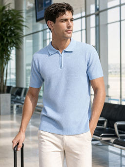 Nobero - Men Blue Pure Cotton Cascade Zip Textured Polo T-Shirt