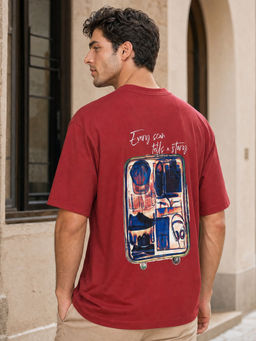 Nobero - Red Printed Oversized Fit T-shirt