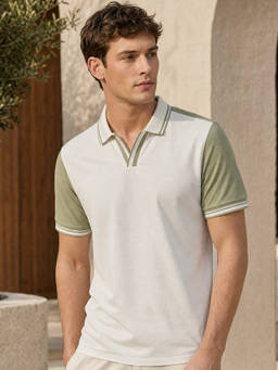 Nobero - Green Pure Cotton Colorblock Polo T-Shirt