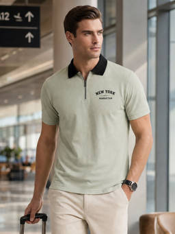 Nobero - Green Pure Cotton Typography Polo T-Shirt