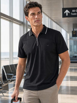 Nobero - Men Black Cotton Lycra Blend Upf 50+ Sun Protection Polo T-Shirt