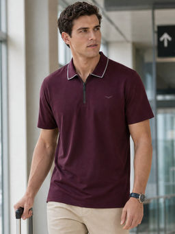 Nobero - Men Wine Cotton Lycra Blend Upf 50+ Sun Protection Polo T-Shirt