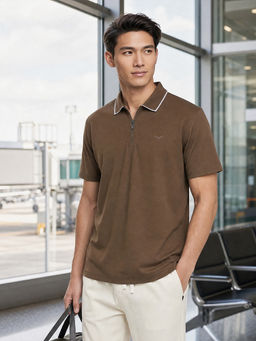 Nobero - Men Brown Cotton Lycra Blend Upf 50+ Sun Protection Polo T-Shirt