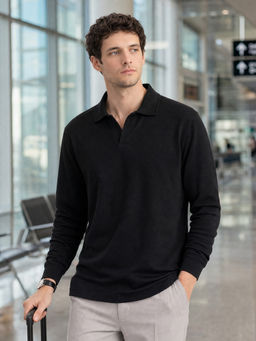Nobero - Black Popcorn Textured Full Sleeve Polo T-Shirt for Men