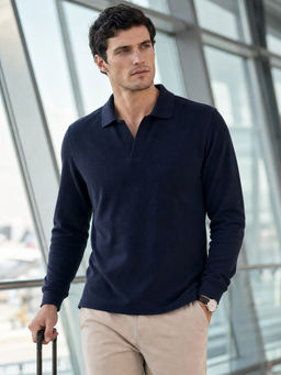 Nobero - Blue Popcorn Textured Full Sleeve Polo T-Shirt for Men