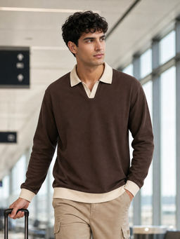 Nobero - Brown Clubhouse Full Sleeve Oversized Polo T-Shirt for Men