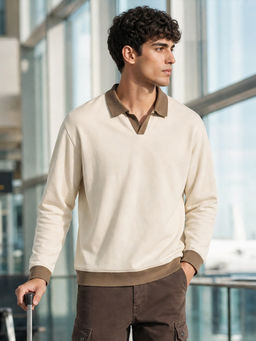 Nobero - Beige Clubhouse Full Sleeve Oversized Polo T-Shirt for Men