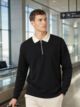 Nobero - Black Club Quarter Zip Full Sleeve Oversize T-Shirt for Men