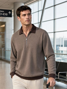 Nobero - Brown Club Quarter Zip Full Sleeve Oversize T-Shirt for Men