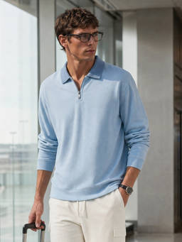 Nobero - Blue Club Quarter Zip Full Sleeve Oversize T-Shirt for Men
