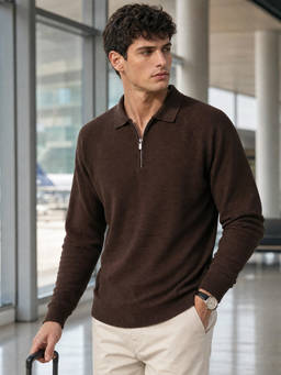 Nobero - Brown Ridge Zip Full Sleeve Polo T-Shirt for Men