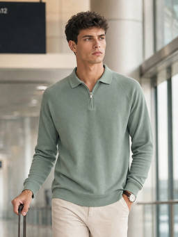 Nobero - Green Ridge Zip Full Sleeve Polo T-Shirt for Men