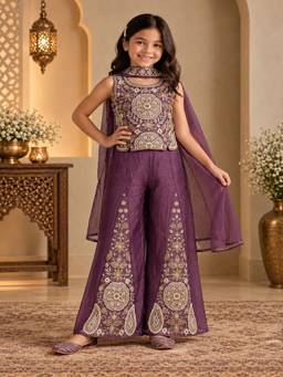 Tiny Kingdom - Georgette Floral Top & Palazzo With Dupatta - Purple