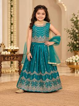 Tiny Kingdom - Sequin Floral Choli and Lehenga With Dupatta - Blue