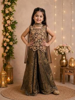 Tiny Kingdom - Silk Woven Sleevless Floral Embroided Top & Palazzo With Dupatta - Brown
