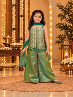Tiny Kingdom - Silk Woven Sleevless Floral Embroided Top & Palazzo With Dupatta - Green