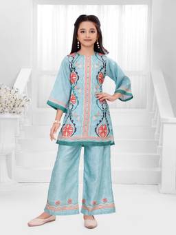Mini Stitch - Cotton Silk Woven 3/4th Sleeves Floral Printed Kurta And Palazzo - Green