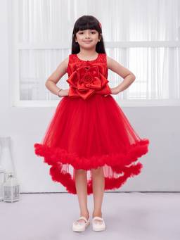 Mini Stitch - Net Woven Sleeveless 3D Floral Applique Frock - Red