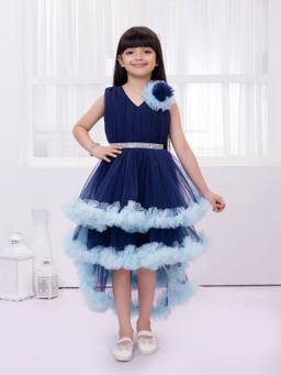 Mini Stitch - Net Sleeveless Floral Applique Frock - Navy Blue