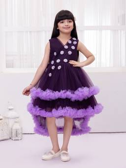 Mini Stitch - Net Woven Sleeveless Floral Embellished Frock - Purple