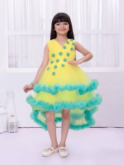 Mini Stitch - Net Woven Sleeveless Floral Embellished Frock - Yellow