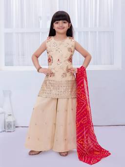 Mini Stitch - Georgette Sleeveless Floral Kurta Dupatta And Palazzo - Cream