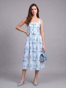 Twenty Dresses by Nykaa Fashion - Blue Floral Print Square Neck Fit & Flare Dress