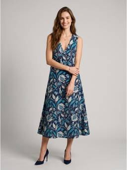 Twenty Dresses by Nykaa Fashion - Side Pocket Navy Blue Floral Printed V-Neck A-Line Dress