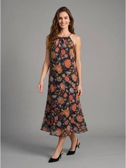 Twenty Dresses by Nykaa Fashion - Black Floral Printed Halter Neck A-Line Dress