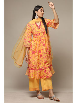 Biba - Womens Yellow Printed Poly Chanderi Gathered Suit (Set of 3)