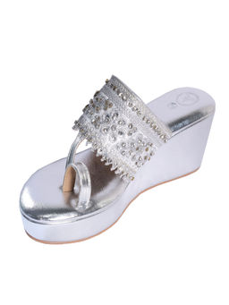 Sana K Luxurious Footwear - Silver Noor-E-Sama One Toe Mid Ankle Wedges