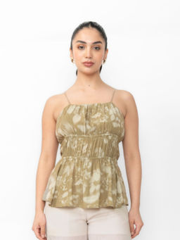 Contemponari - Printed Crepe Peplum Cami Top