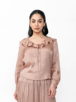 Contemponari - Pink Ruffle Neck Tie-Up Top
