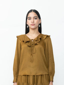 Contemponari - Brown Ruffle Neck Tie-Up Top