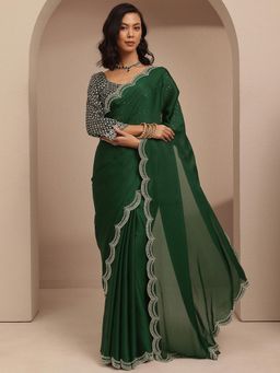 Libas - Green Solid Saree with Beads Embellished Border Saree With Unstitched Blouse