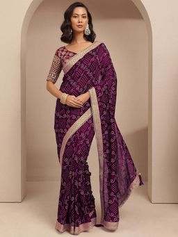 Libas - Purple Bandhani Printed Saree With Unstitched Blouse