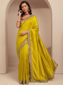 Libas - Mustard Beads Embellished Border Saree With Unstitched Blouse
