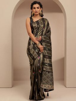 Libas - Black Floral Woven Design & Embellished Border Saree With Unstitched Blouse