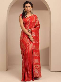 Libas - Red Ethnic Motifs Woven Design & Embellished Border Saree With Unstitched Blouse