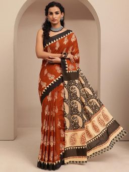 Libas - Rust Paisley Printed Saree With Unstitched Blouse