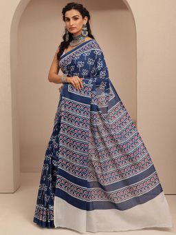 Libas - Blue Floral Motif Printed Saree With Unstitched Blouse