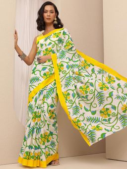 Libas - White Floral Printed Saree With Unstitched Blouse