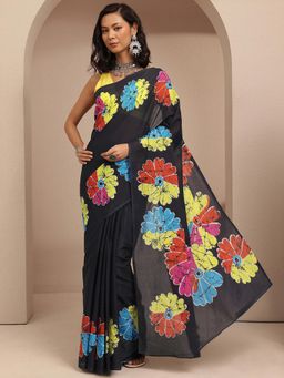 Libas - Black Floral Printed Saree With Unstitched Blouse