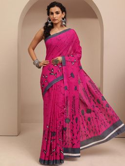 Libas - Pink Floral Motif Printed Saree With Unstitched Blouse