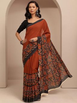 Libas - Rust Floral With Printed Border Saree With Unstitched Blouse