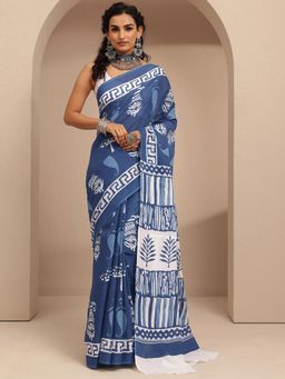 Libas - Blue Ethnic Motif Printed Saree With Unstitched Blouse