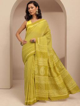Libas - Green Striped Printed Saree With Unstitched Blouse